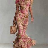 Fiora - Vestido largo con estampado vintage de rosas y mangas abullonadas