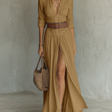Vestido maxi - largo para mujer con cuello de solapa y mangas largas de lino