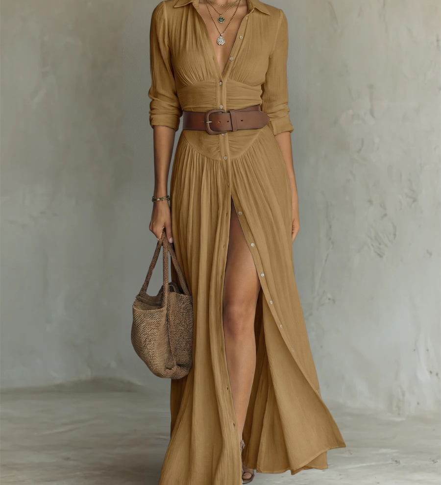 Vestido maxi - largo para mujer con cuello de solapa y mangas largas de lino