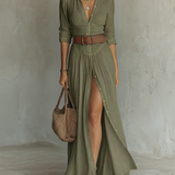 Vestido maxi - largo para mujer con cuello de solapa y mangas largas de lino