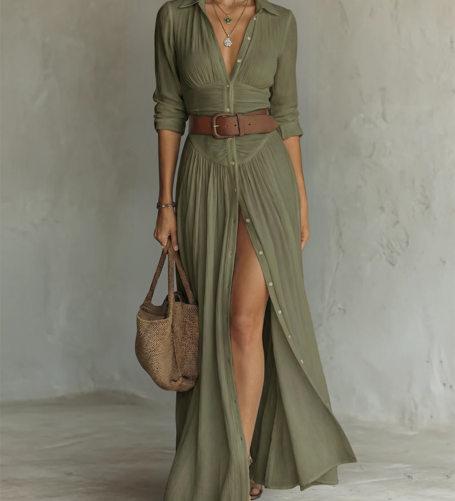 Vestido maxi - largo para mujer con cuello de solapa y mangas largas de lino