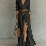 Vestido maxi - largo para mujer con cuello de solapa y mangas largas de lino