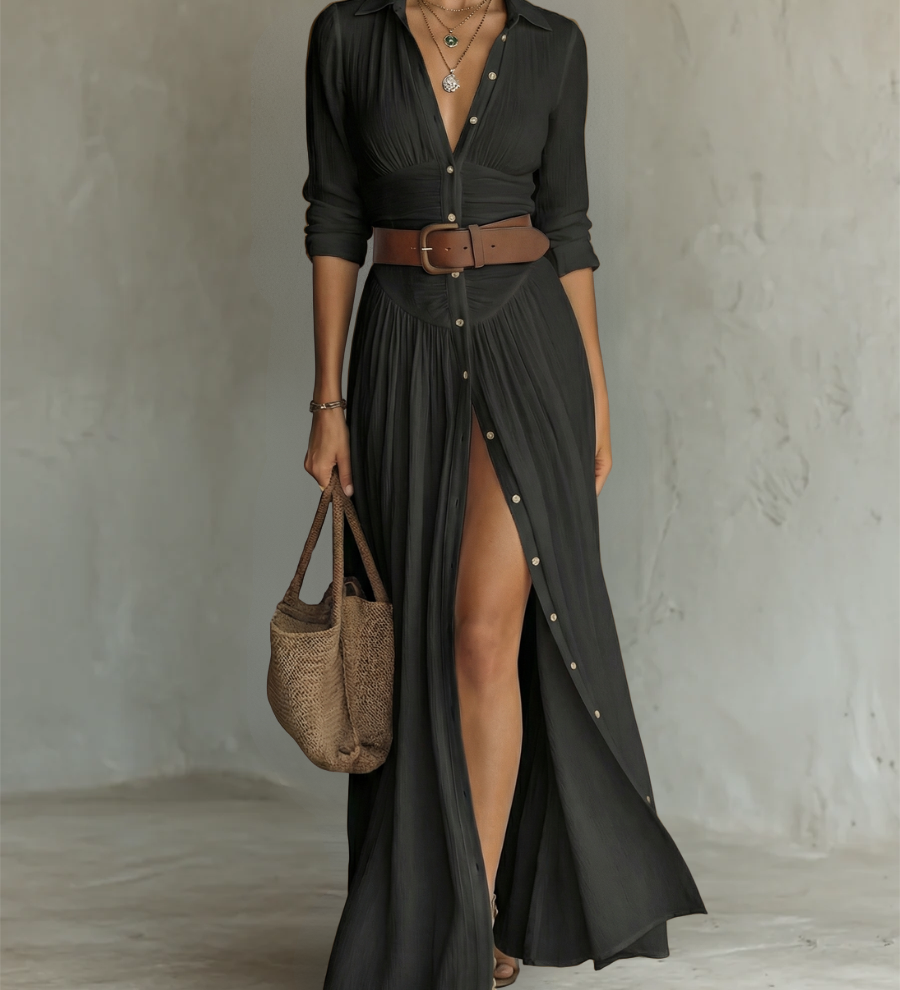 Vestido maxi - largo para mujer con cuello de solapa y mangas largas de lino