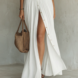 Vestido maxi - largo para mujer con cuello de solapa y mangas largas de lino