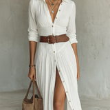 Vestido maxi - largo para mujer con cuello de solapa y mangas largas de lino