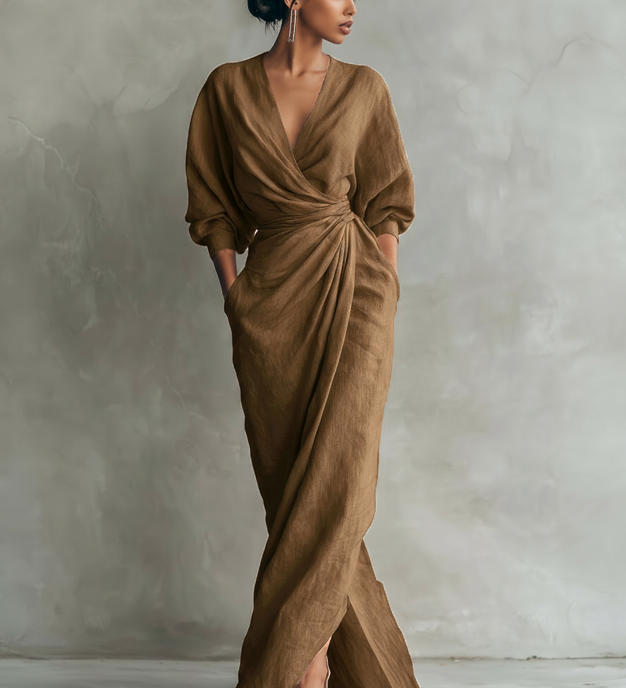 Vestido Maxi Minimalista Rosa con escote en V de lino mezclado para Mujer