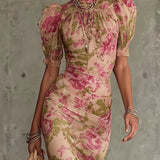 Fiora - Vestido largo con estampado vintage de rosas y mangas abullonadas