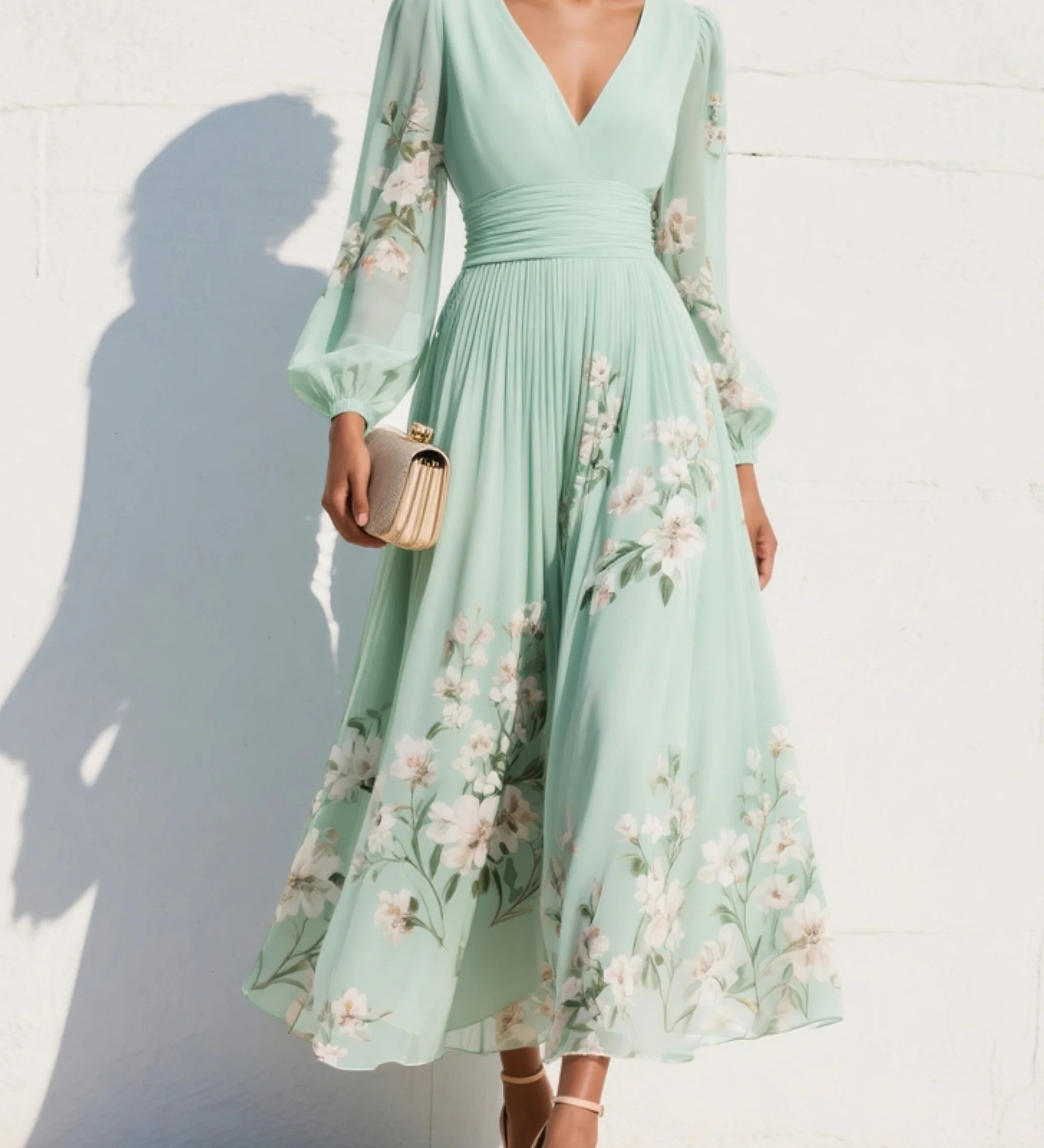 Gabriela ™ Vestido midi floral plisado de gasa con escote en V verde claro
