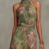 Serena ∙ Vestido largo verde floral en chiffon con escote halter