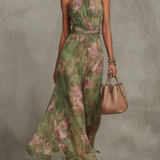 Serena ∙ Vestido largo verde floral en chiffon con escote halter