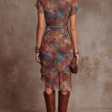 Martina - Vestido midi plisado con escote en V, estampado artístico abstracto de estilo bohemio
