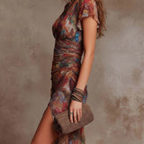 Martina - Vestido midi plisado con escote en V, estampado artístico abstracto de estilo bohemio