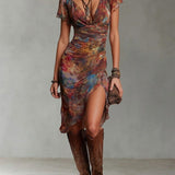 Martina - Vestido midi plisado con escote en V, estampado artístico abstracto de estilo bohemio