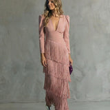 Alessia - Vestido midi elegante con mangas de flecos