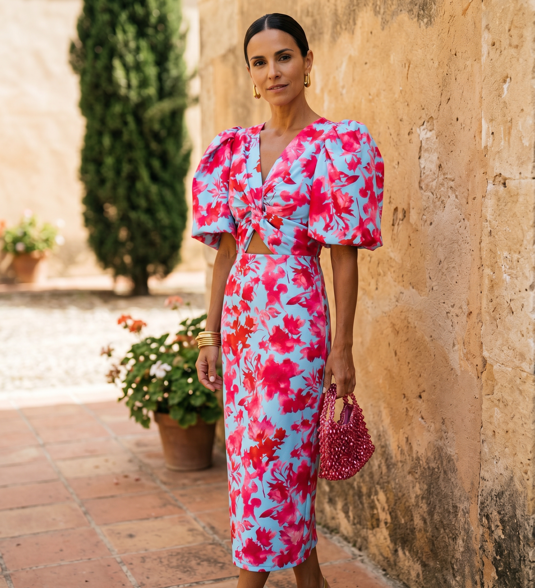 Carla | Vestido Midi Estampado con Mangas Abullonadas