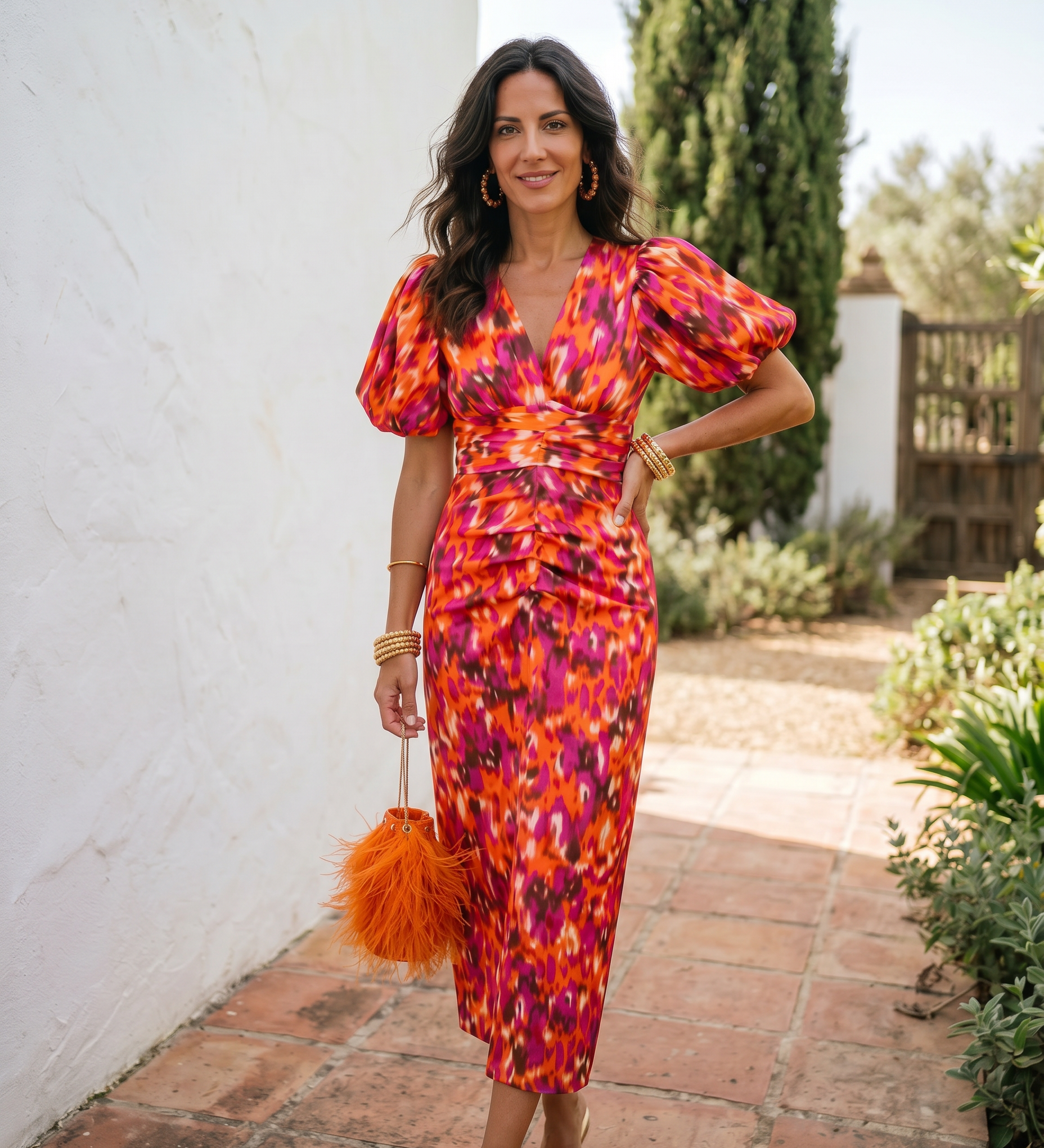 Carla | Vestido Midi Estampado con Mangas Abullonadas