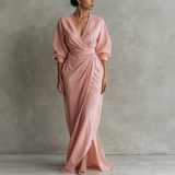 Vestido Maxi Minimalista Rosa con escote en V de lino mezclado para Mujer