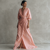 Vestido Maxi Minimalista Rosa con escote en V de lino mezclado para Mujer