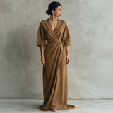 Vestido Maxi Minimalista Rosa con escote en V de lino mezclado para Mujer