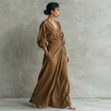 Vestido Maxi Minimalista Rosa con escote en V de lino mezclado para Mujer